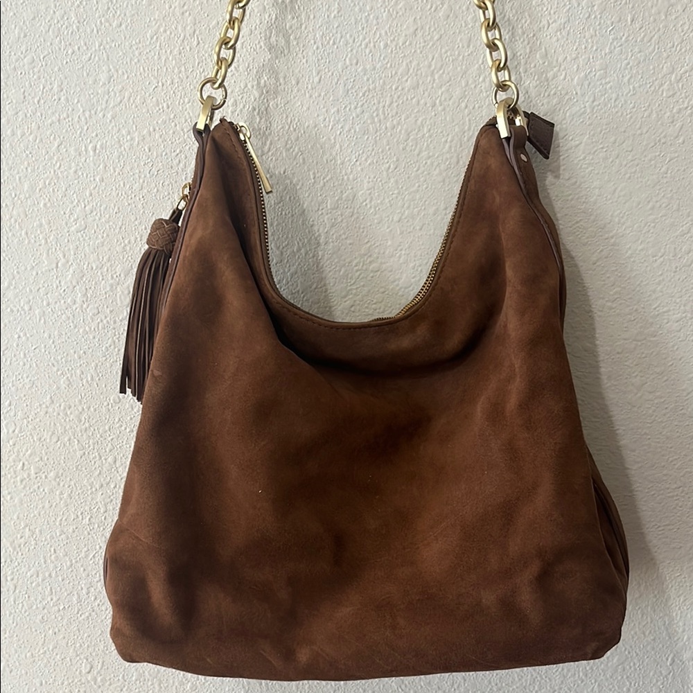 Brown Suede Hobo Handbag with Gold Chain Strap